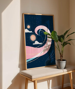 Cosmic Waves and Planets with Whimsical Pink Swirls and Stars - Mi tienda