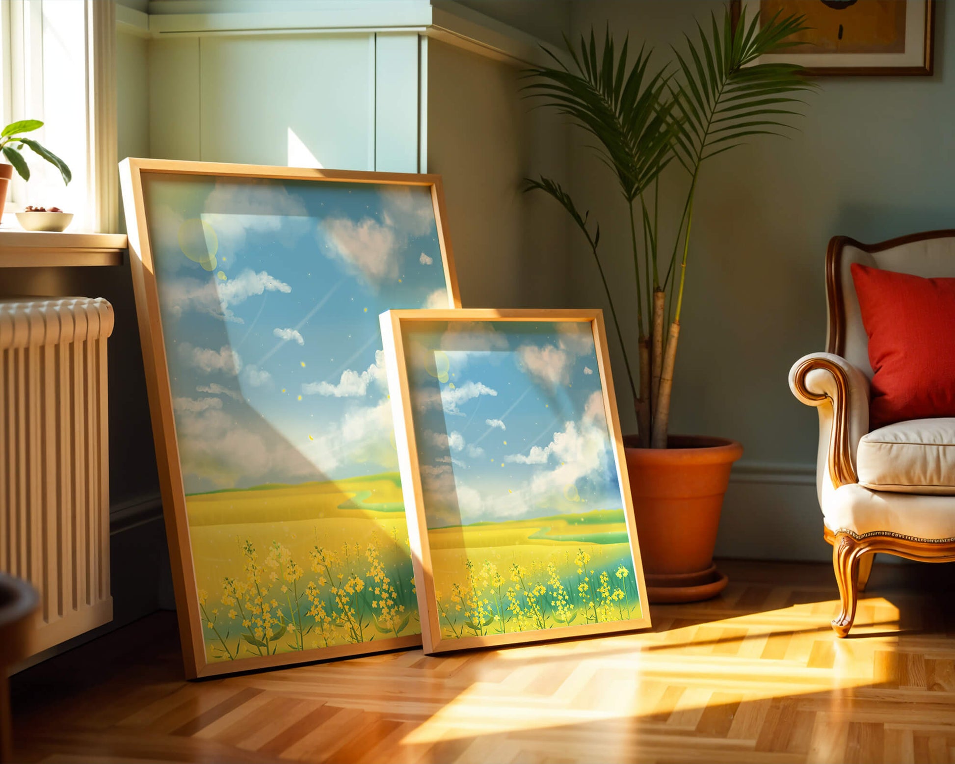 Sunny Meadow with Yellow Flowers and Blue Sky Scenic Art