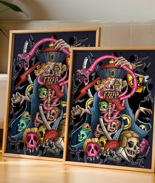 Colorful skeleton with skulls and snake illustration