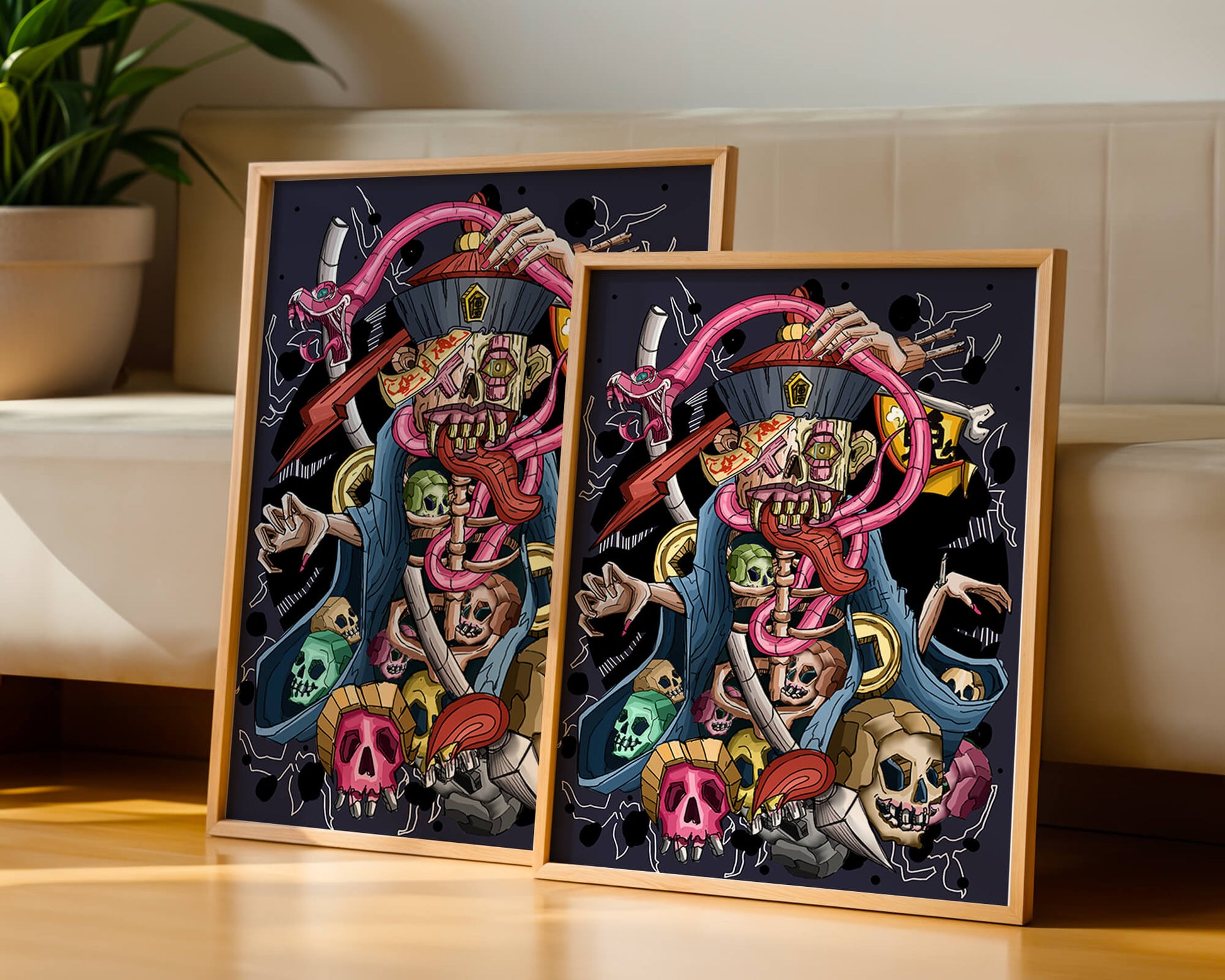 Colorful skeleton with skulls and snake illustration