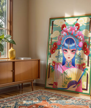 Ilustración elegante inspirada en el arte asiático con tocado elaborado y motivos florales