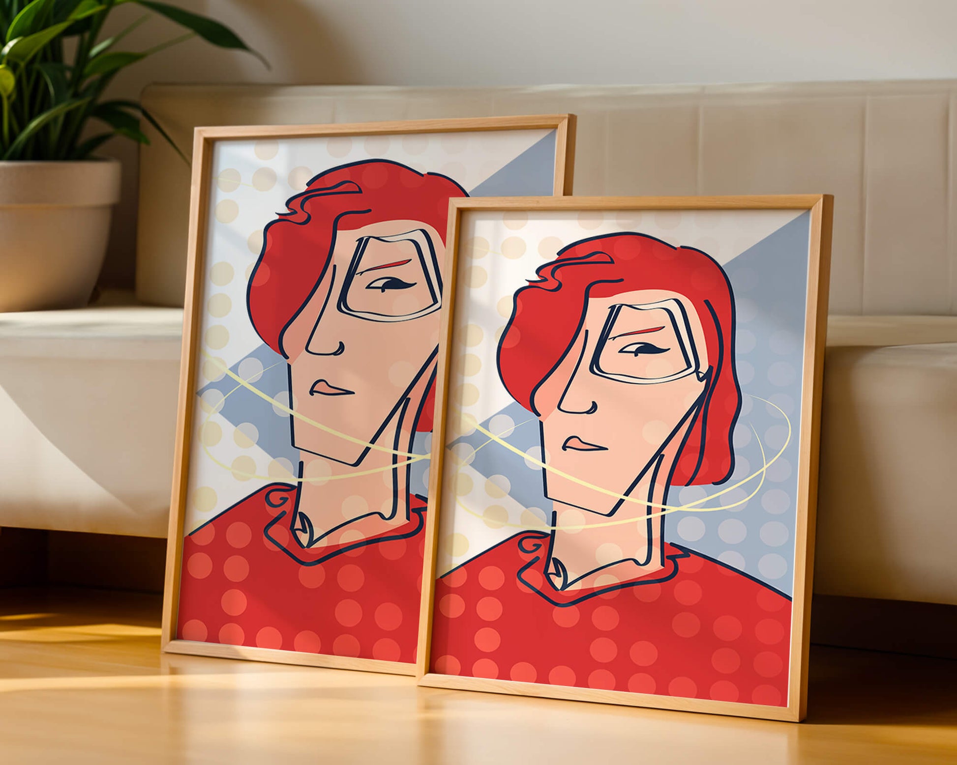 Retrato abstracto con cabello rojo y fondo punteado