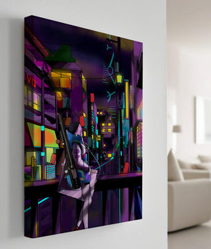Paisaje urbano cyberpunk con un personaje futurista por la noche