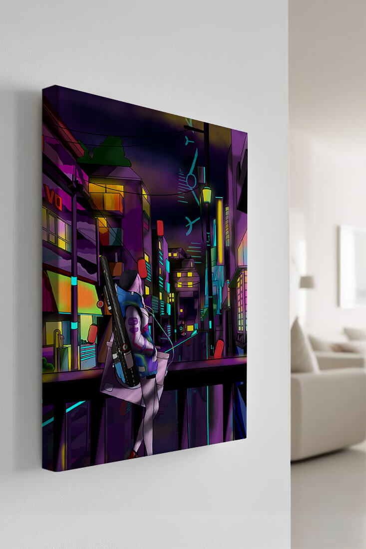 Cyberpunk cityscape with a futuristic character at night