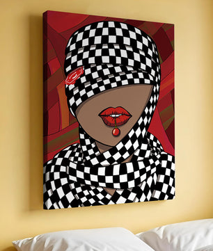 Abstract Art of Woman with Checkered Pattern and Red Lips - Mi tienda