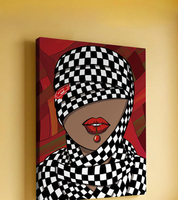 Abstract Art of Woman with Checkered Pattern and Red Lips