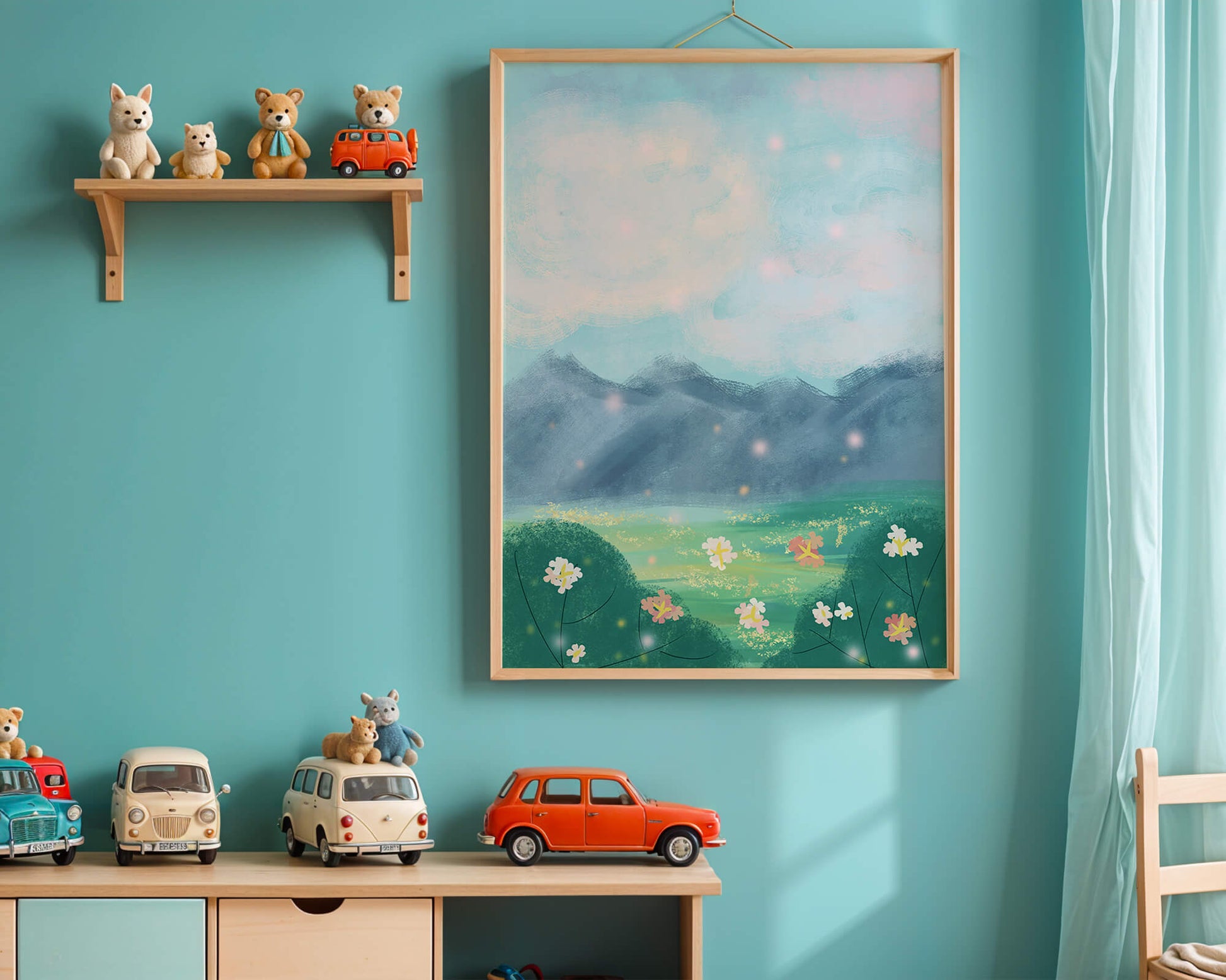 Serene Landscape with Blooming Flowers and Majestic Mountains