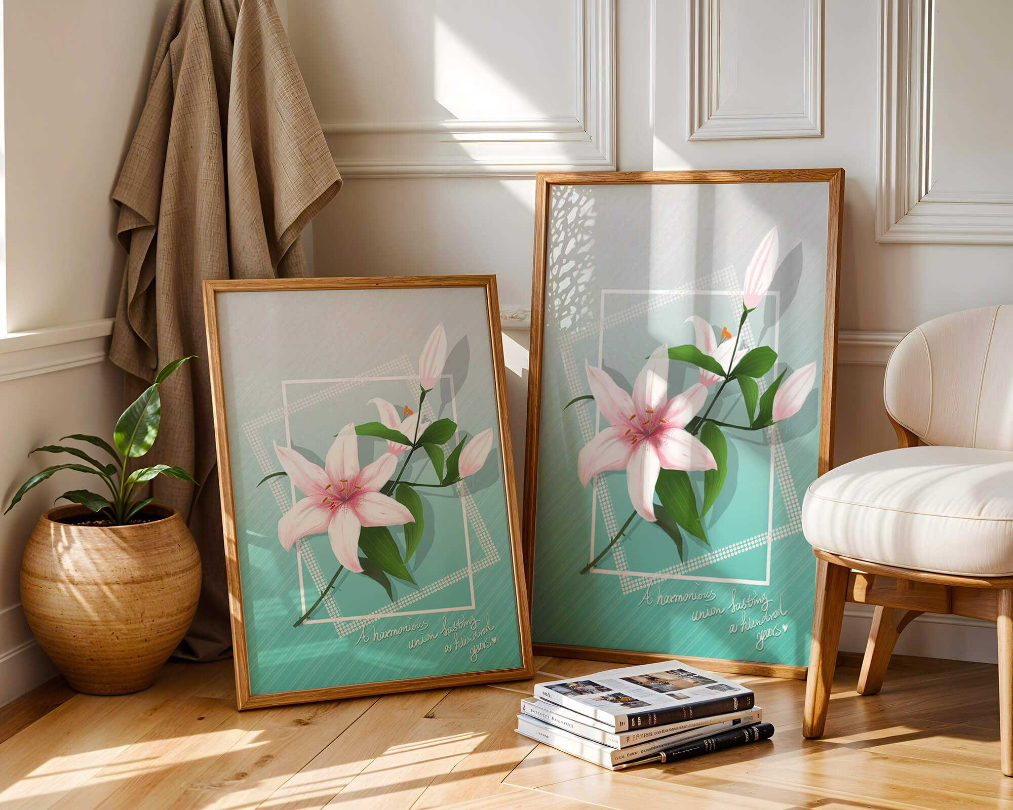 Elegant floral design with pink lilies and modern accents