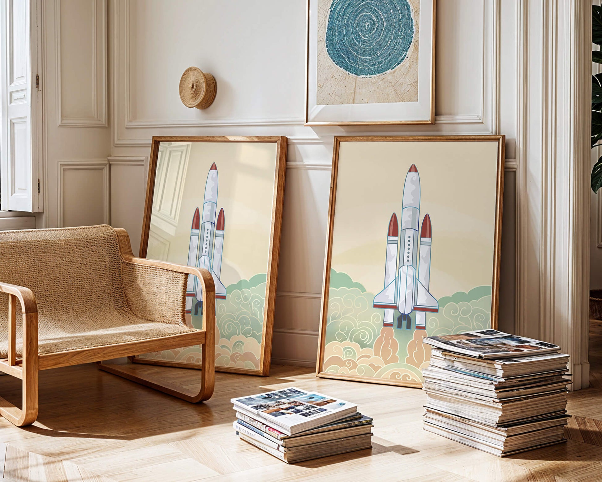 Colorful rocket launch from vintage-style clouds
