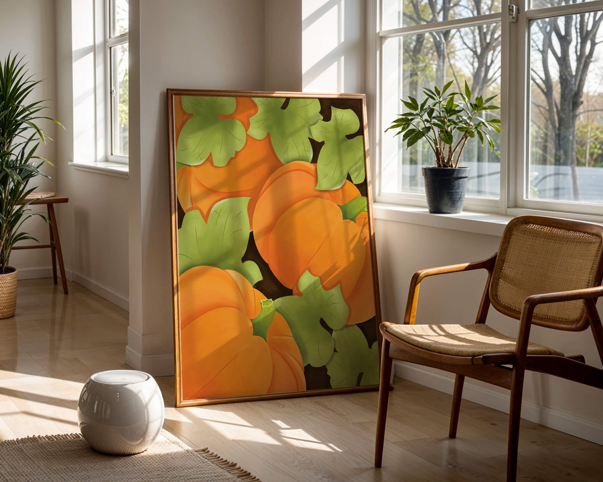 Colorful Pumpkin Pattern With Green Leaves