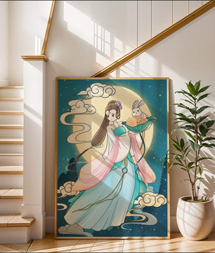Traditional Asian-inspired artwork featuring a woman and rabbit under a moonlit sky