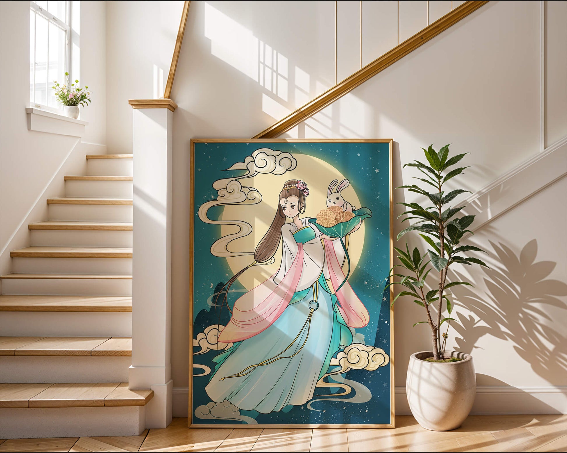 Traditional Asian-inspired artwork featuring a woman and rabbit under a moonlit sky