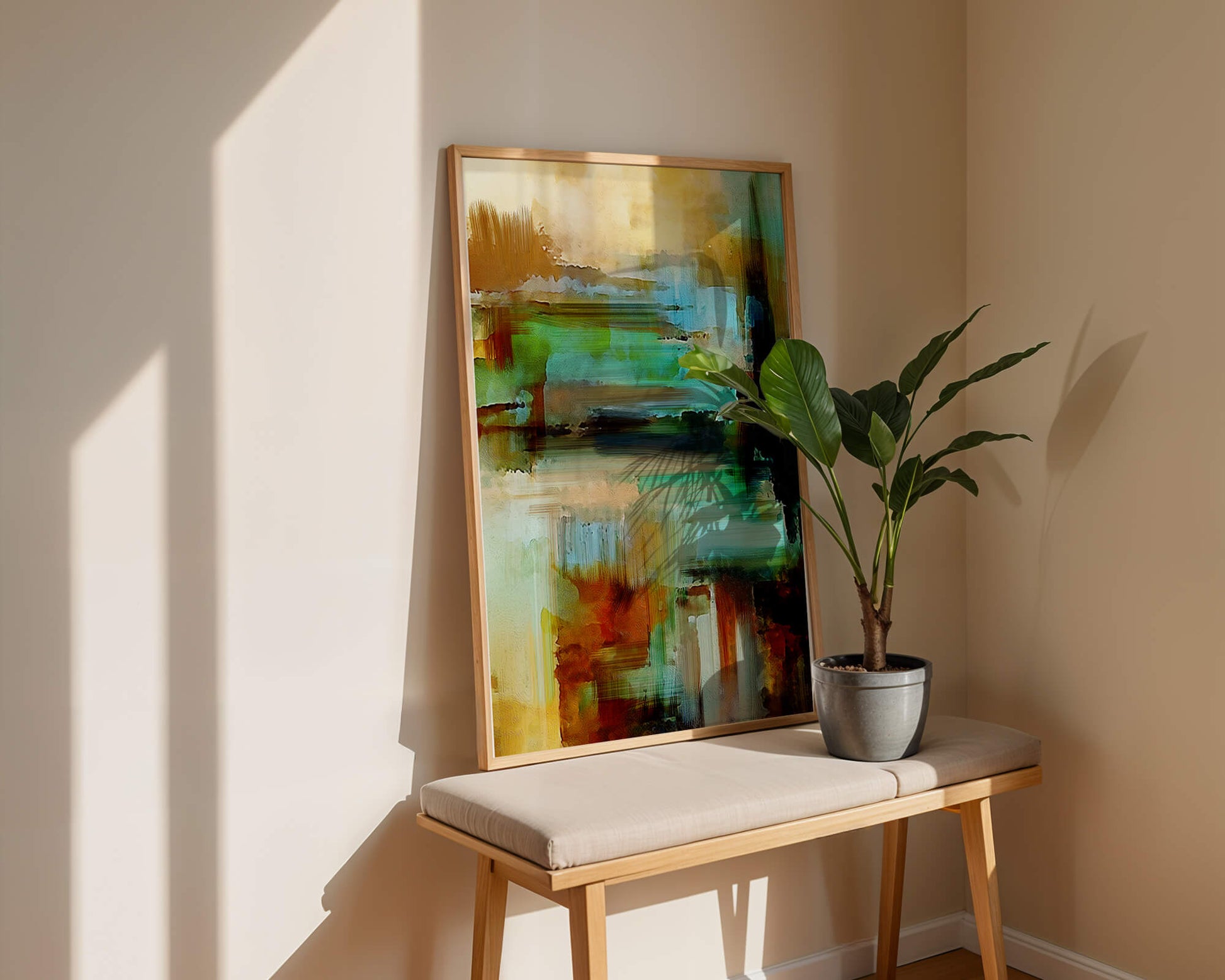 Abstract Expressionist Colorful Landscape with Earthy and Aqua Tones