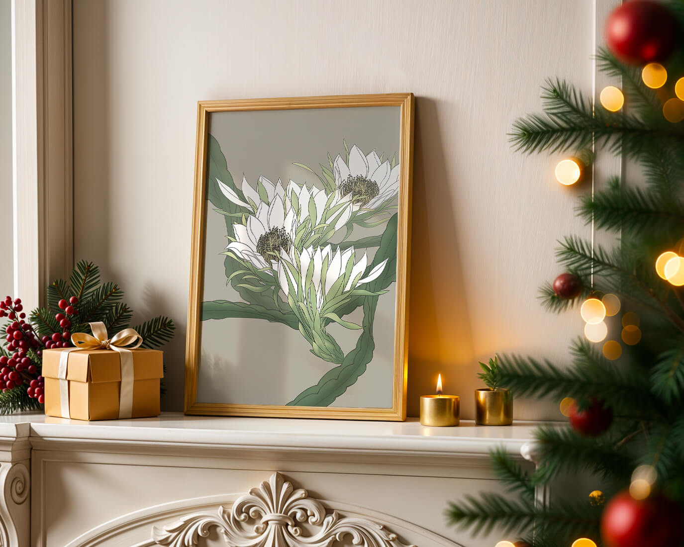 Beautiful botanical illustration of white blooming flowers with green leaves