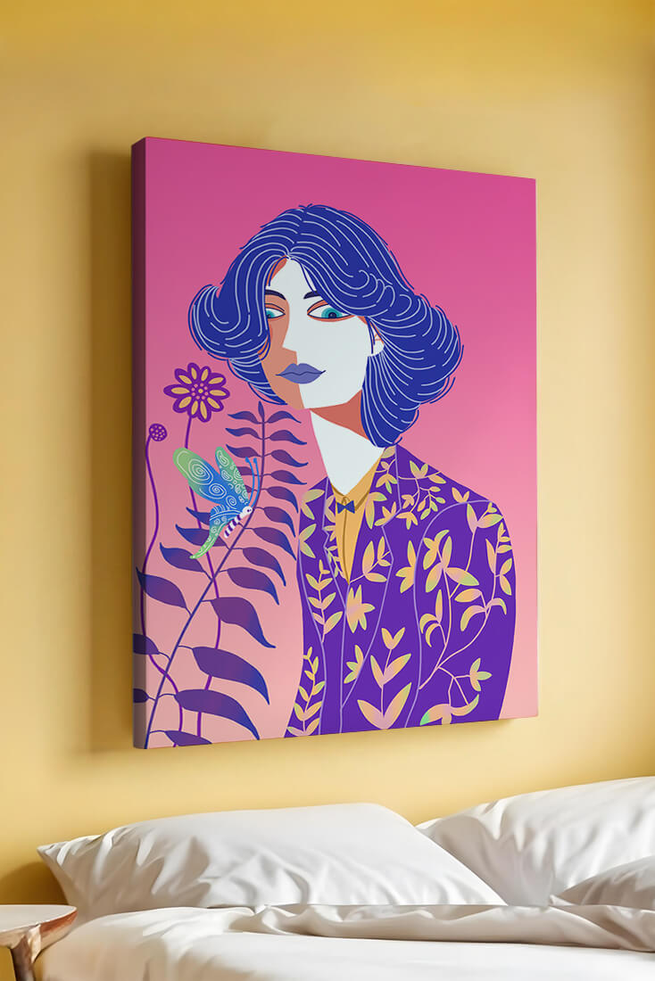 Stylized Portrait of a Woman with Blue Hair and Botanical Pattern