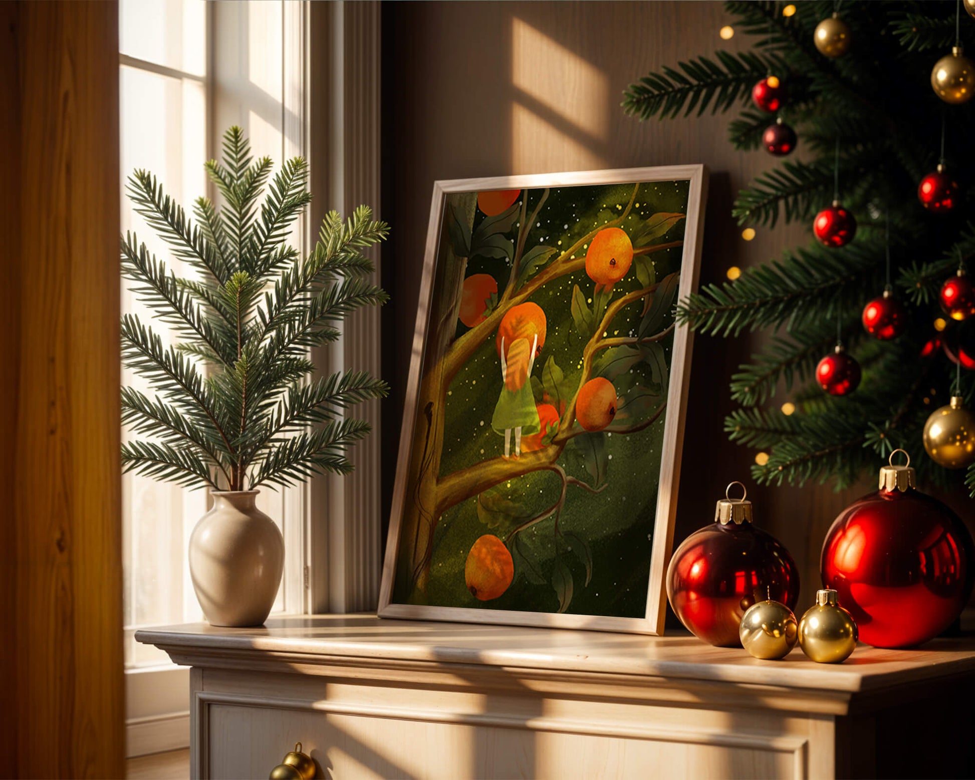 Little Girl Picking Oranges on a Starry Night