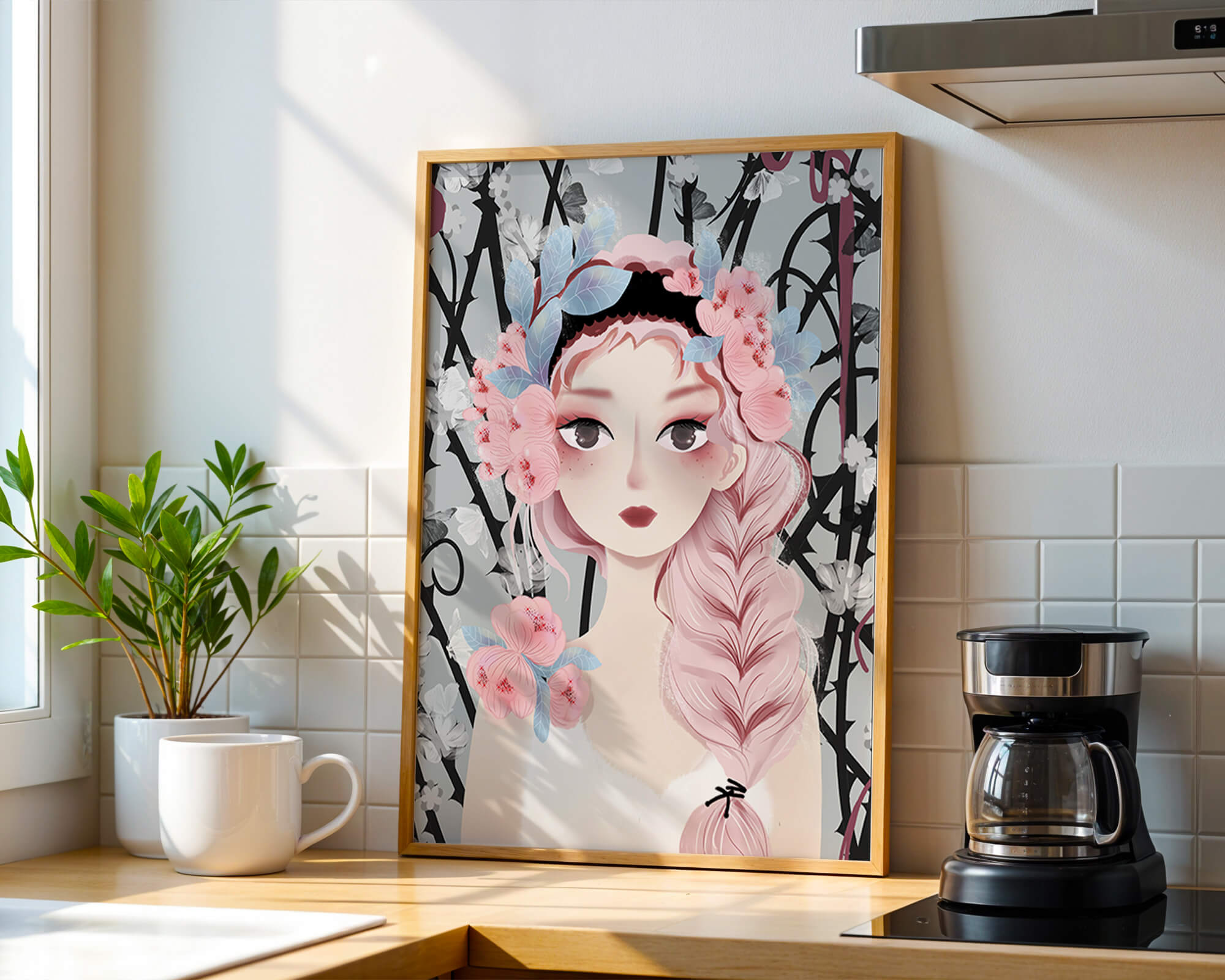 Illustration of a girl with floral headpiece against abstract floral background