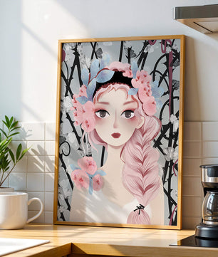 Illustration of a girl with floral headpiece against abstract floral background