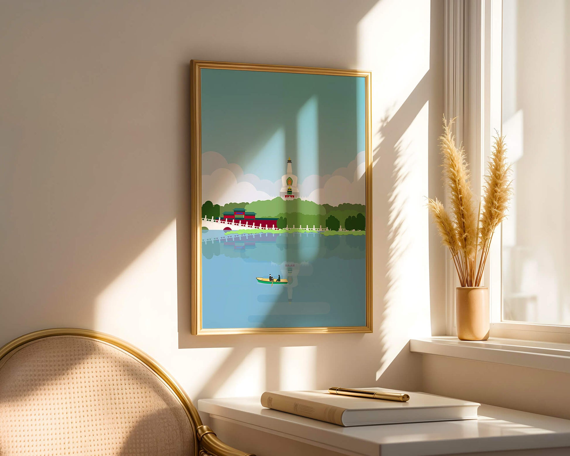 Serene lake scene with pagoda and rowing boat