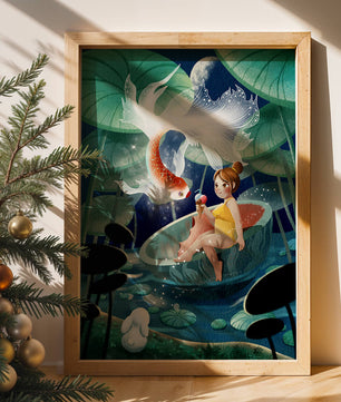Illustration imaginative d'une fille avec un poisson et un lapin sous des nénuphars illuminés par la lune