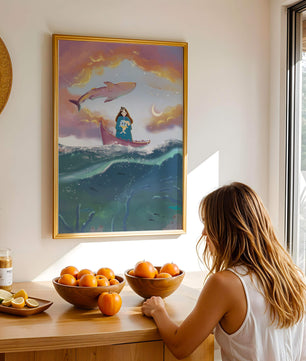 Illustration fantaisiste d'une fille sur un bateau avec une baleine volante