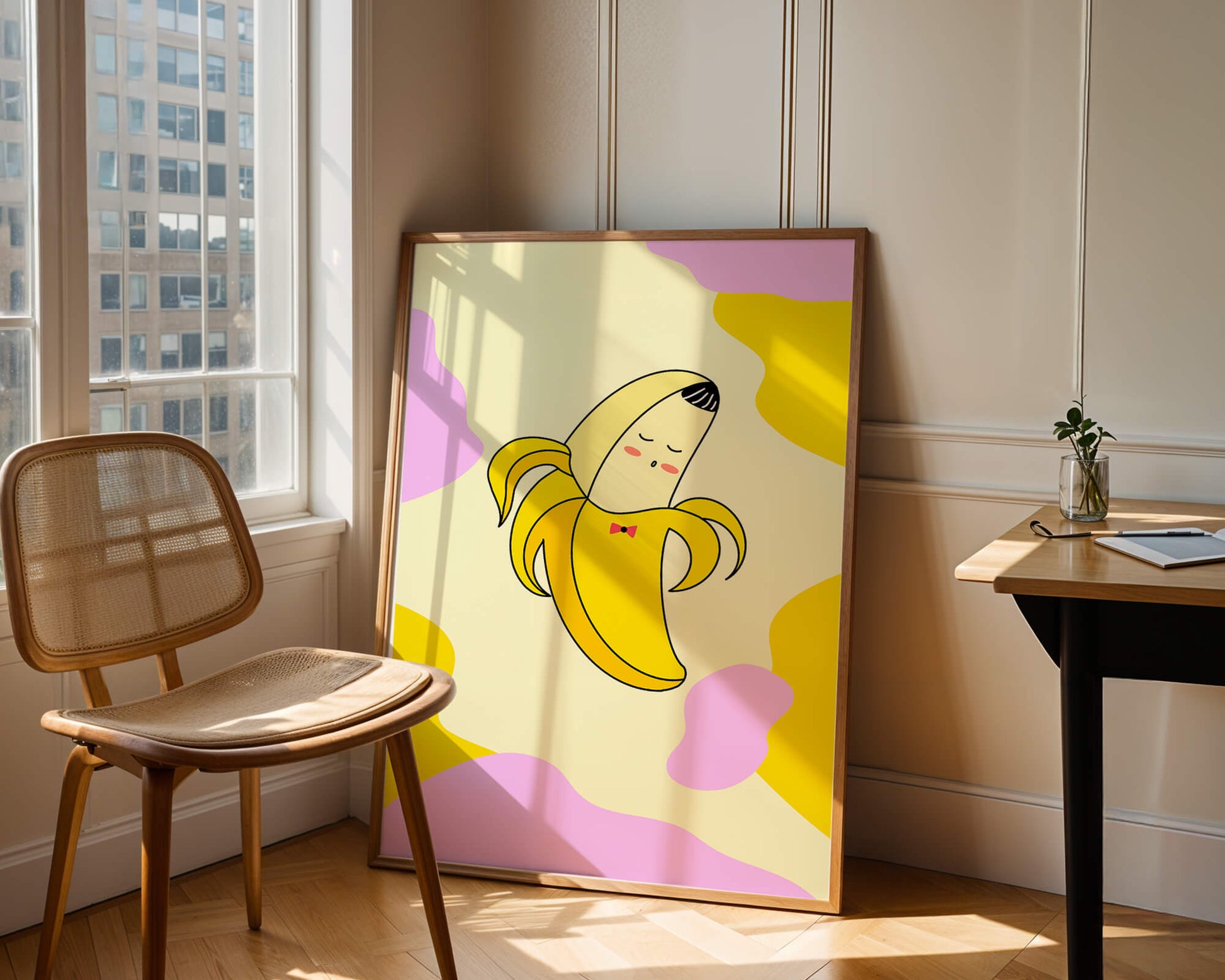Quirky animated banana with bow tie on colorful abstract background