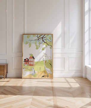 Tranquil rural landscape illustration with house, dog, and crane