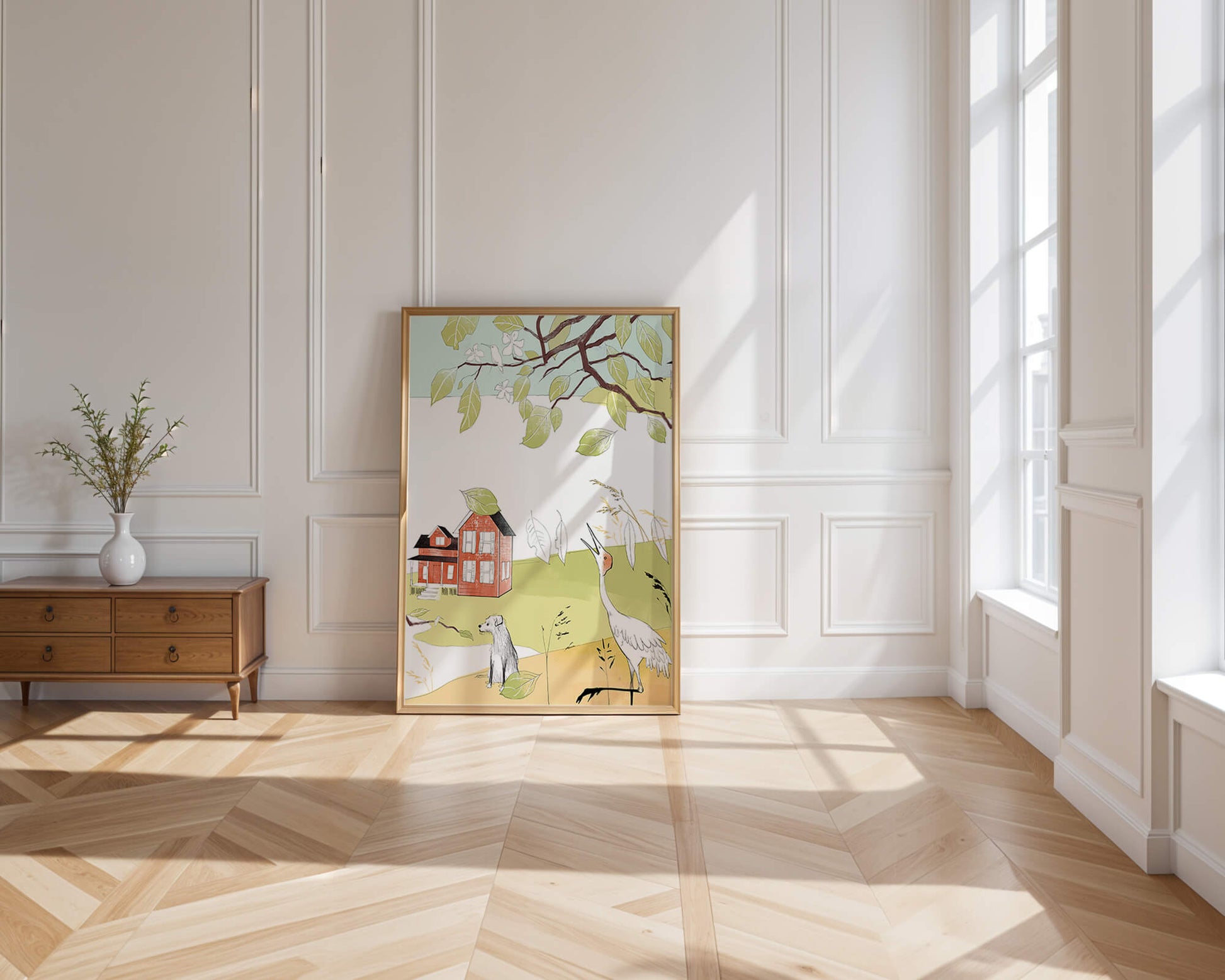 Tranquil rural landscape illustration with house, dog, and crane