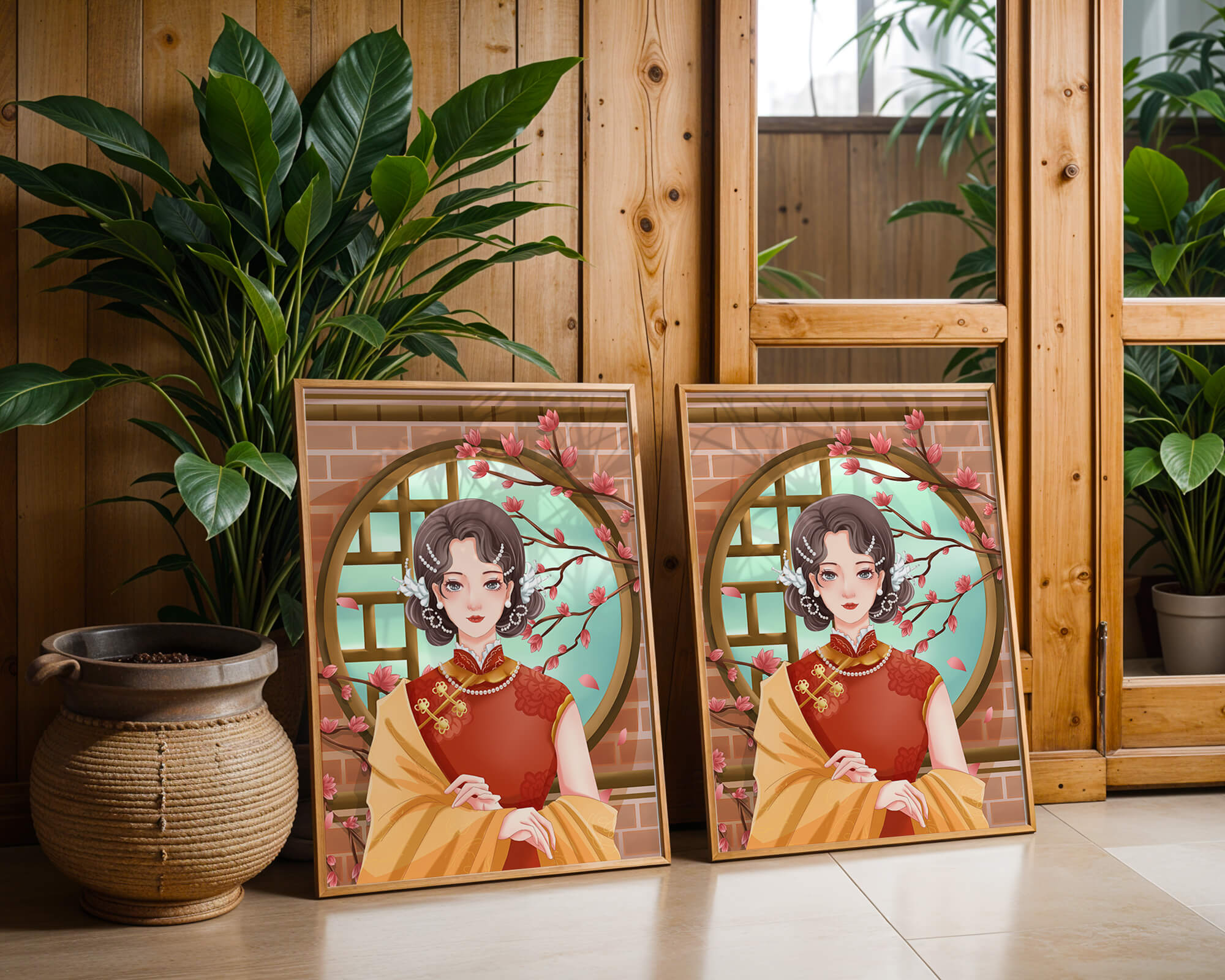 Elegant woman in traditional dress with floral background