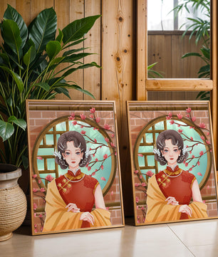 Elegant woman in traditional dress with floral background