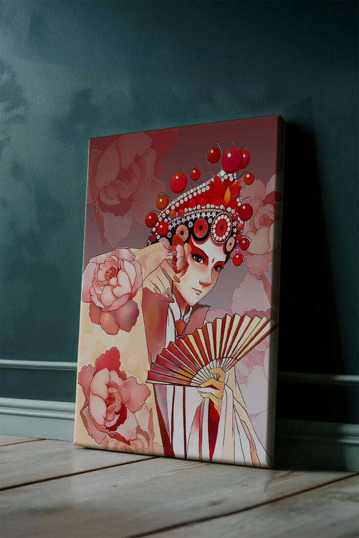 Traditional Asian artwork with floral motifs and ornate headpiece