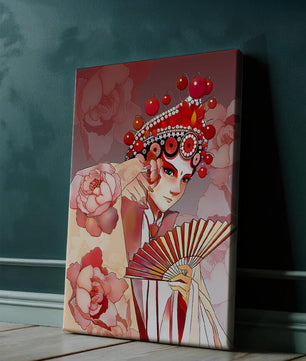 Traditional Asian artwork with floral motifs and ornate headpiece