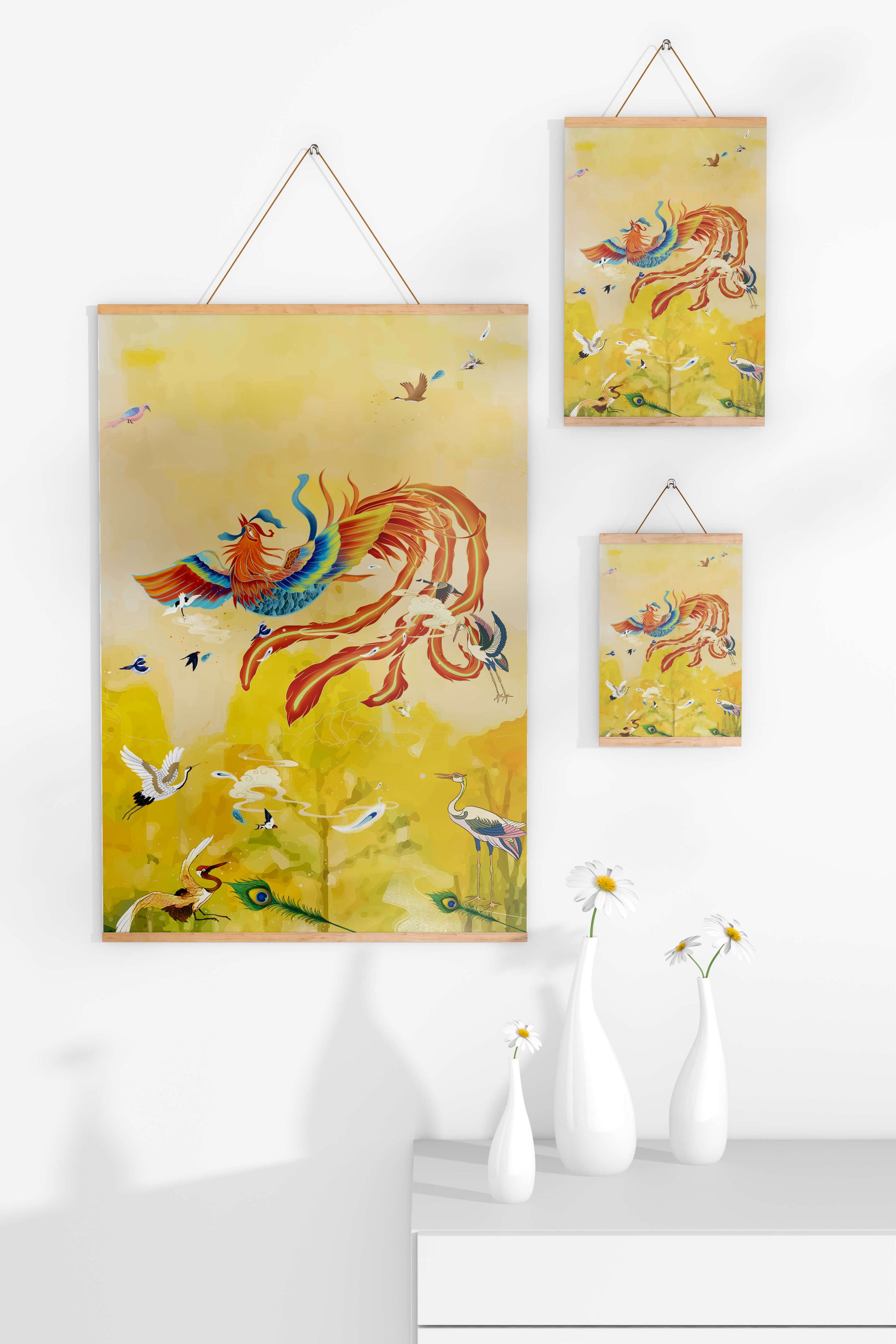 Colorful mystical bird with vivid feathered companions in a vibrant sky