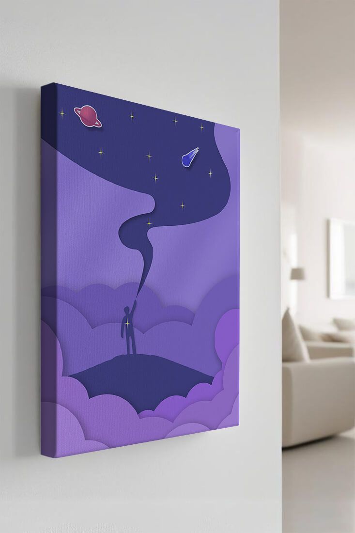Silhouette in a cosmic landscape with stars and planets