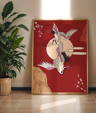 Elegant Asian-inspired artwork featuring flying cranes and cherry blossoms