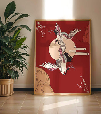 Elegant Asian-inspired artwork featuring flying cranes and cherry blossoms