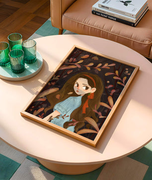 Ilustración elegante de una chica rodeada de follaje abstracto