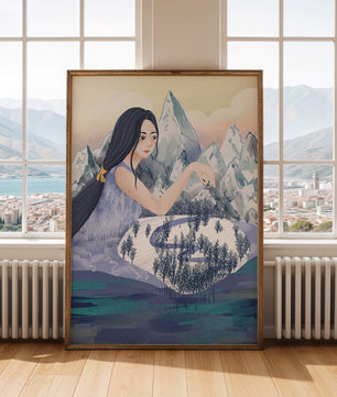 Majestic Woman Overlooking Snowy Mountain Landscape