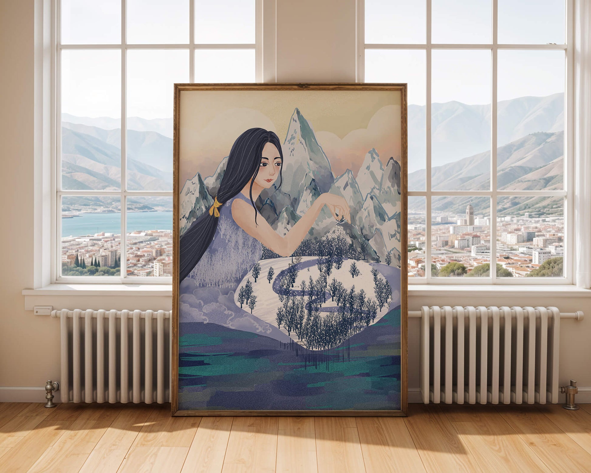 Majestic Woman Overlooking Snowy Mountain Landscape