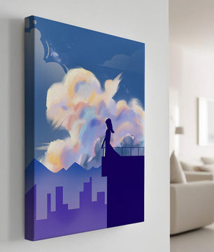 Silhouette of a woman on rooftop against a dreamy sky with colorful clouds