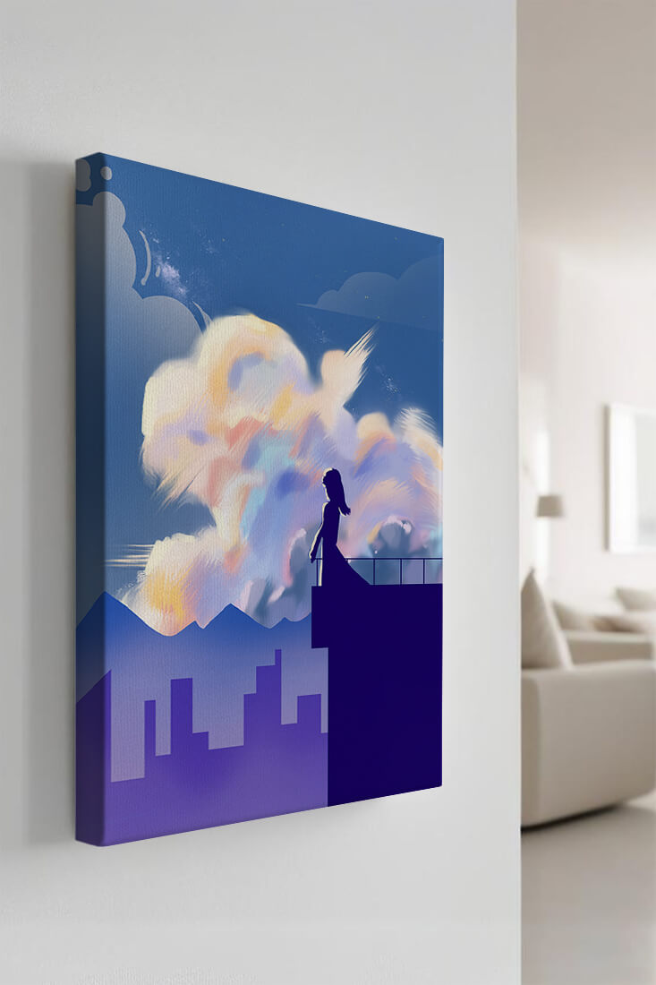 Silhouette of a woman on rooftop against a dreamy sky with colorful clouds
