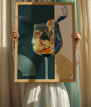 Fusión elegante de líquidos en una copa de vino con elementos dorados y azules