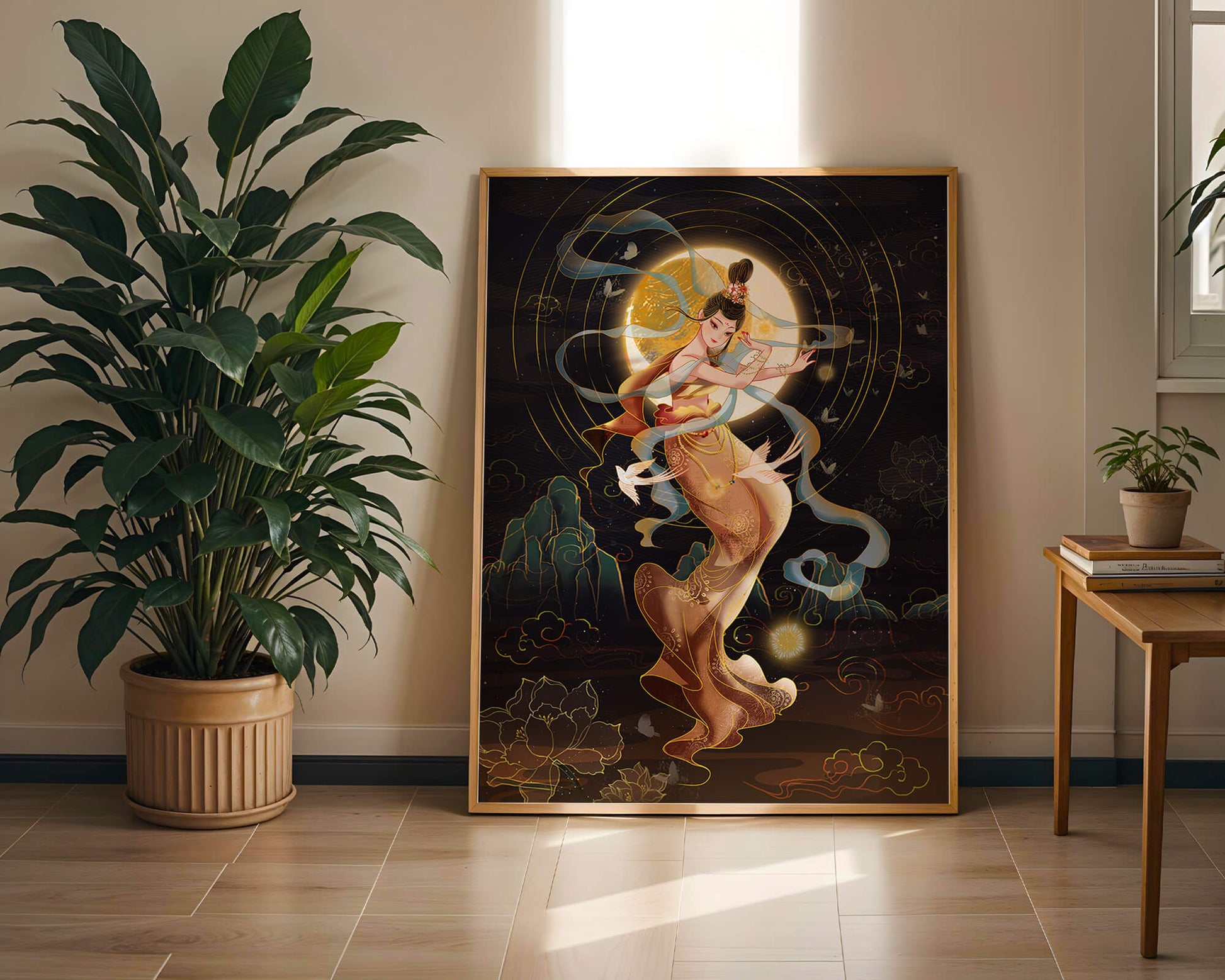 Elegant celestial dancer with gold elements in an ethereal fantasy scene