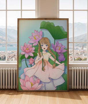 Illustration fantaisiste d'une jeune fille aux cheveux tressés parmi des fleurs de lotus