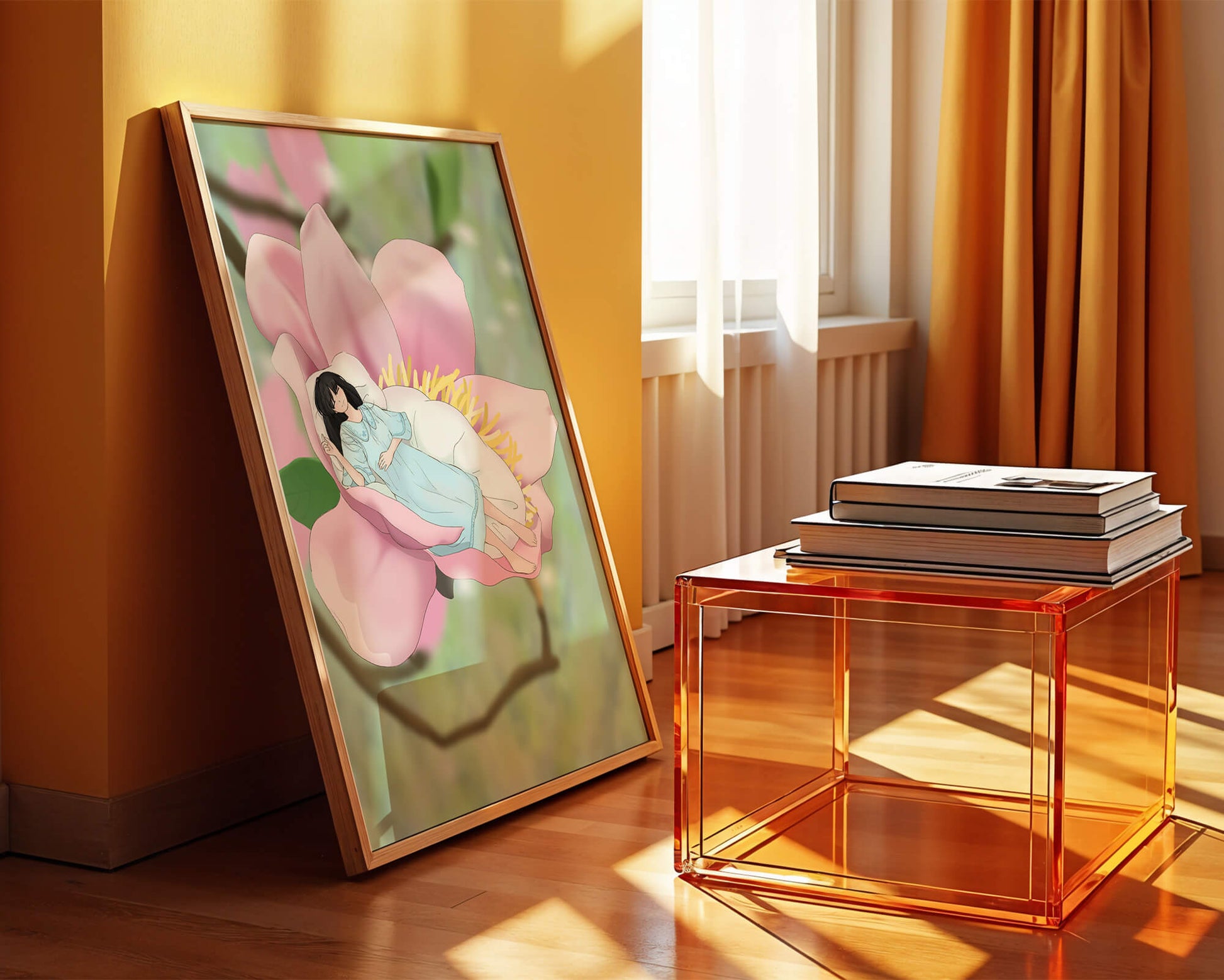 Dreamlike scene of a woman sleeping in a large pink flower
