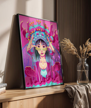 Ilustración colorida de una mujer con traje tradicional y tocado ornamental