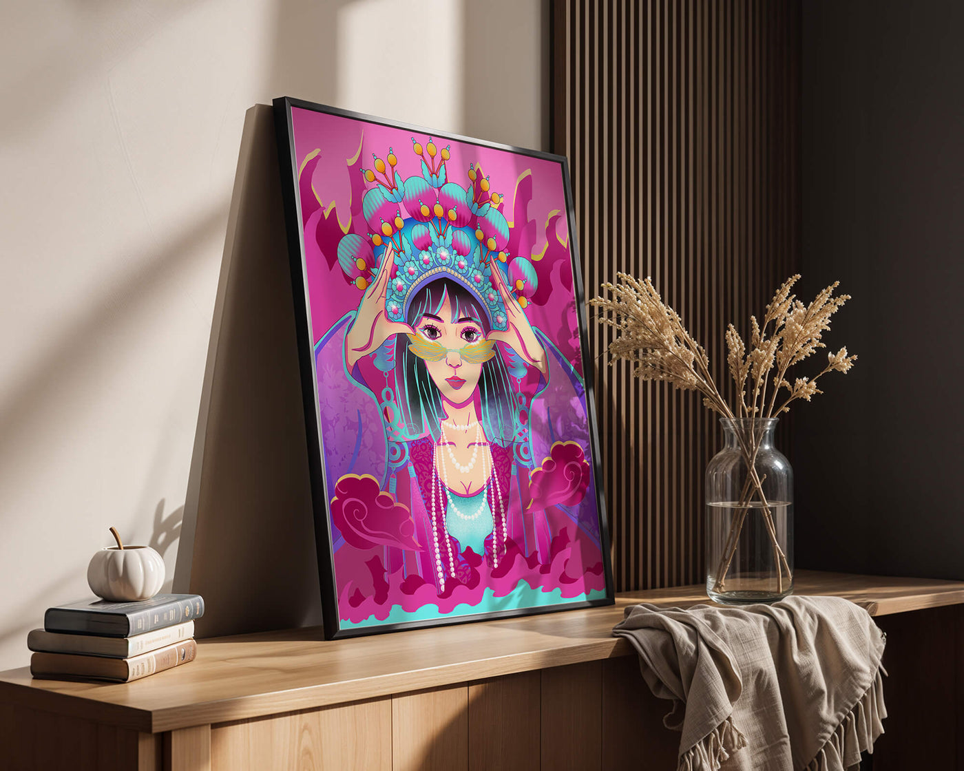 Colorful illustration of a woman in traditional costume with ornate headpiece