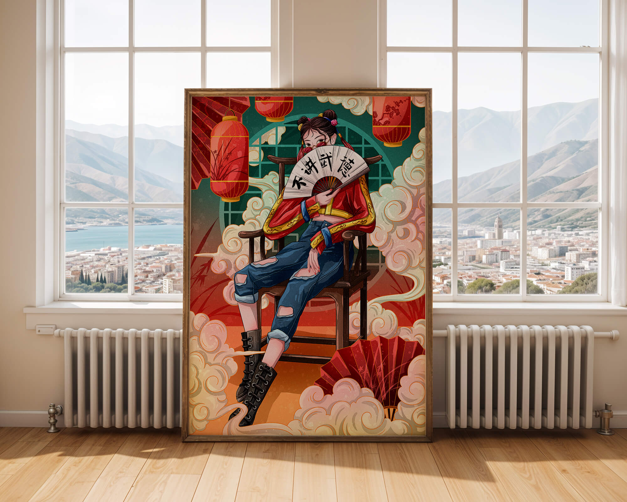Female character with fan in colorful oriental setting