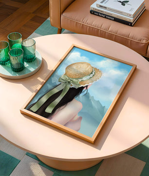 Woman with straw hat and mountain view under blue sky