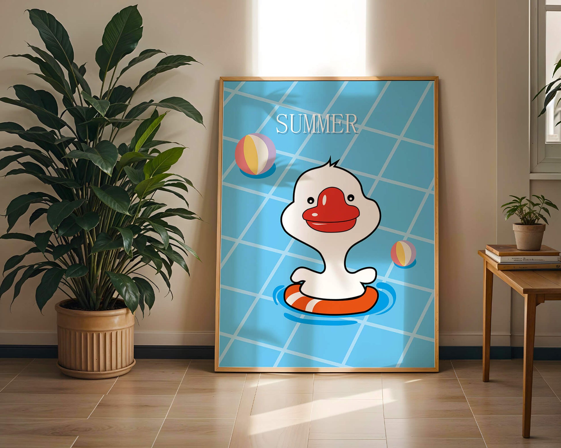 Cartoon duck swimming in a pool with summer beach elements